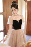 Black and Champagne Sweetheart Tulle Long Party Dress, Lovely A-Line Evening Dress HZ0429