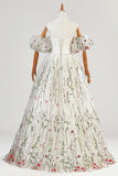 White Tulle Lace Floor Length Prom Dress, A-Line Off the Shoulder Formal Party Dress HZ0429