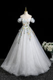 White Floral Long Party Dress, Lovely A-Line Off the Shoulder Evening Prom Dress HZ0429