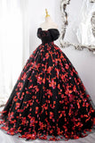 Black Tulle and Red Sequins Long Formal Gown, Off the Shoulder Evening Party Dress HZ0429