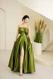Green Satin Long Prom Dress, Beautiful A-Line Off the Shoulder Party Dress HZ0429