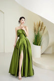 Green Satin Long Prom Dress, Beautiful A-Line Off the Shoulder Party Dress HZ0429