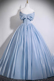 Blue Satin Long Prom Dress with Corset, Off the Shoulder A-Line Evening Party Dress HZ0429