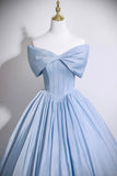 Blue Satin Long Prom Dress with Corset, Off the Shoulder A-Line Evening Party Dress HZ0429