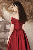 Burgundy Satin Long Prom Dress, Beautiful Off the Shoulder A-Line Evening Party Dress HZ0429