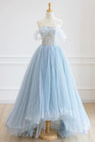 High Low Blue Lace Floor Long Prom Dress, Blue A-Line Off the Shoulder Party Dress HZ0429