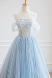 High Low Blue Lace Floor Long Prom Dress, Blue A-Line Off the Shoulder Party Dress HZ0429