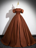Brown Satin Floor Length Prom Dress , Off the Shoulder A-Line Evening Dress HZ0429