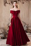 Burgundy Satin Long Prom Dress, Lovely A-Line Off the Shoulder Evening Party Dress HZ0429