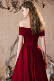 Burgundy Satin Long Prom Dress, Lovely A-Line Off the Shoulder Evening Party Dress HZ0429