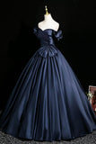 Navy Satin Off-Shoulder Ball Gown with Bow Detail, Elegant A-Line Party Dress HZ0429