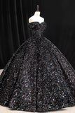 Glitter Black Princess Prom Dress, Off Shoulder Floor Length Ball Gown HZ0429