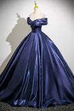 Navy Satin Long Prom Dress, A-Line Off the Shoulder Party Dress HZ0429