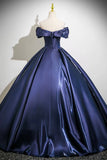 Navy Satin Long Prom Dress, A-Line Off the Shoulder Party Dress HZ0429