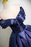Navy Satin Long Prom Dress, A-Line Off the Shoulder Party Dress HZ0429
