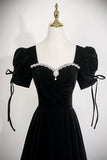 Black Velvet Square Neck Evening Gown, Elegant Formal Dress with Crystal HZ0429