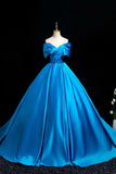 Luxe Satin Off-the-Shoulder Blue Ballgown, Dramatic Ruffled Neckline Formal Evening Gown HZ0429