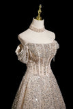 Champagne Tulle Sequins Long Prom Dress, Shiny A-Line Party Dress HZ0429
