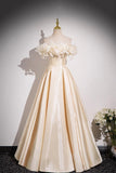 Champagne Satin Flowers Long Prom Dress, Off the Shoulder A-Line Party Dress HZ0429
