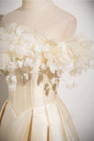 Champagne Satin Flowers Long Prom Dress, Off the Shoulder A-Line Party Dress HZ0429