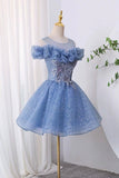 Blue Lace Off-the-Shoulder Homecoming Dress, A-Line Sparkly Tulle Party Dress HZ0429
