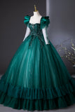 Green Tulle Beads Long Prom Dress, A-Line Long Sleeve Formal Party Dress HZ0429