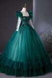 Green Tulle Beads Long Prom Dress, A-Line Long Sleeve Formal Party Dress HZ0429
