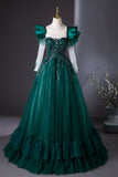 Green Tulle Beads Long Prom Dress, A-Line Long Sleeve Formal Party Dress HZ0429
