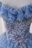 Blue Lace Off-the-Shoulder Homecoming Dress, A-Line Sparkly Tulle Party Dress HZ0429