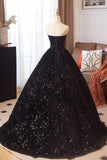 Black Sequins Long Prom Dress, Black A-Line Strapless Evening Party Dress HZ0429