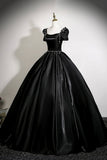 Black Satin Ball Gown with Puff Sleeves Square Neck Formal Evening Dress for Prom HZ0429
