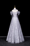 Silver Gray Tulle Snowflake Prom Gown | Off Shoulder Evening Dress with Sparkle HZ0429