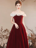 Off the Shoulder Burgundy Velvet Party Dress, Burgundy Floor Length Evening Party Dress HZ0429