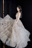 Champagne Tulle Strapless Ball Gown Tiered Ruffle Evening Dress HZ0429