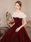 Off the Shoulder Burgundy Velvet Party Dress, Burgundy Floor Length Evening Party Dress HZ0429