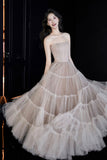 Champagne Tulle Strapless Ball Gown Tiered Ruffle Evening Dress HZ0429