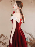 Off the Shoulder Burgundy Velvet Party Dress, Burgundy Floor Length Evening Party Dress HZ0429