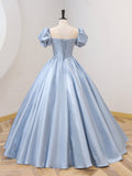 Blue Satin Floor Length Prom Dress with Bow, Blue A-Line Evening Formal Dress HZ0429