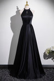 Black Satin Halter Long Prom Dress, Elegant A-Line Evening Party Dress HZ0429