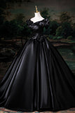Black Satin Floor Length Prom Dress, Black Off the Shoulder Party Dress HZ0429