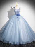 Blue Tulle Lace Floor Length Formal Dress, A-Line Spaghetti Strap Backless Evening Party Dress HZ0429