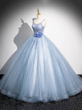 Blue Tulle Lace Floor Length Formal Dress, A-Line Spaghetti Strap Backless Evening Party Dress HZ0429