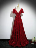 Burgundy V-Neck Sequins Long Prom Dress, A-Line Evening Party Dress with Bow HZ0429
