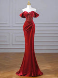 Burgundy Velvet Sequins Long Prom Dress, Mermaid Off the Shoulder Party Dress with Slit HZ0429