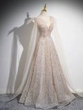 Champagne Tulle Sequins Long Prom Dress, Sparkling A-Line Evening Party Dress HZ0429