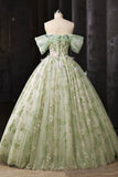 Floral Embroidered Sage Green Tulle Ball Gown Off Shoulder Evening Gown HZ0429