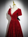 Burgundy V-Neck Sequins Long Prom Dress, A-Line Evening Party Dress with Bow HZ0429
