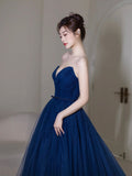 Blue Strapless Tulle Long Prom Dress, Beautiful A-Line Evening Party Dress HZ0429