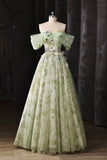Floral Embroidered Sage Green Tulle Ball Gown Off Shoulder Evening Gown HZ0429