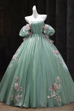 Green Tulle Flower Long Prom Dress, A-Line Off the Shoulder Evening Party Dress HZ0429